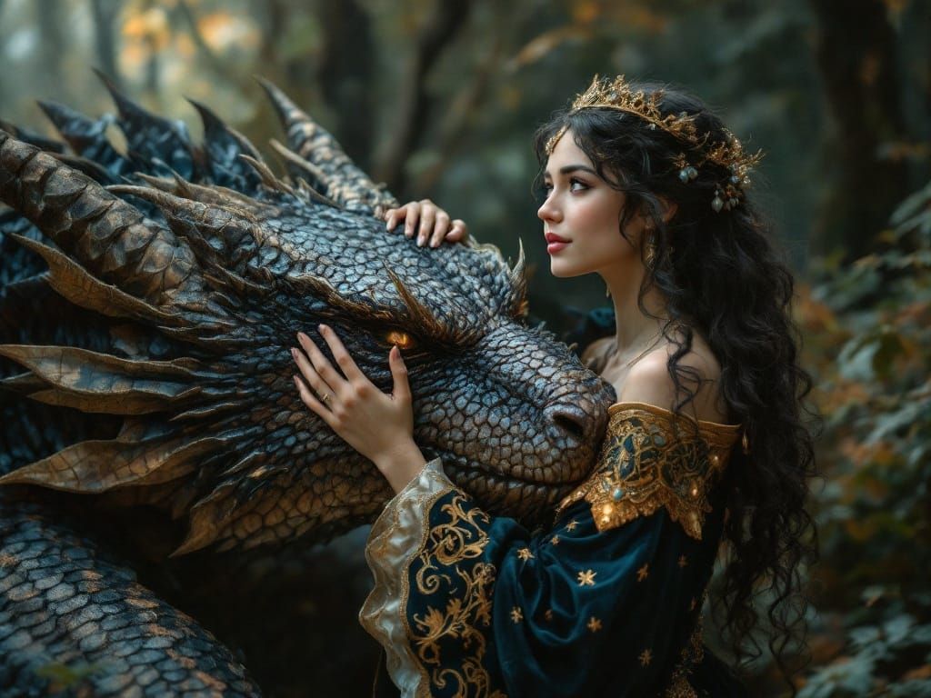 Medieval Princess Embracing Majestic Dragon in Mystical Fore...