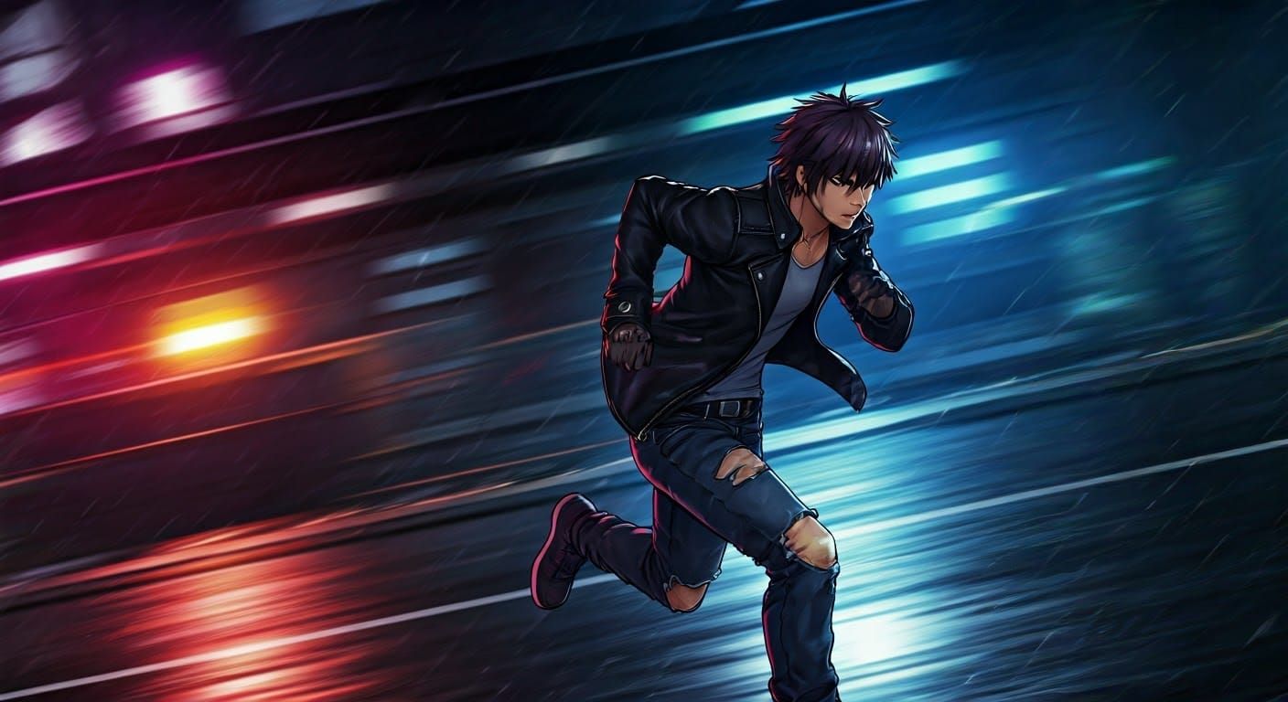 Anime Runner in Neon Cityscape, Studio Trigger Style