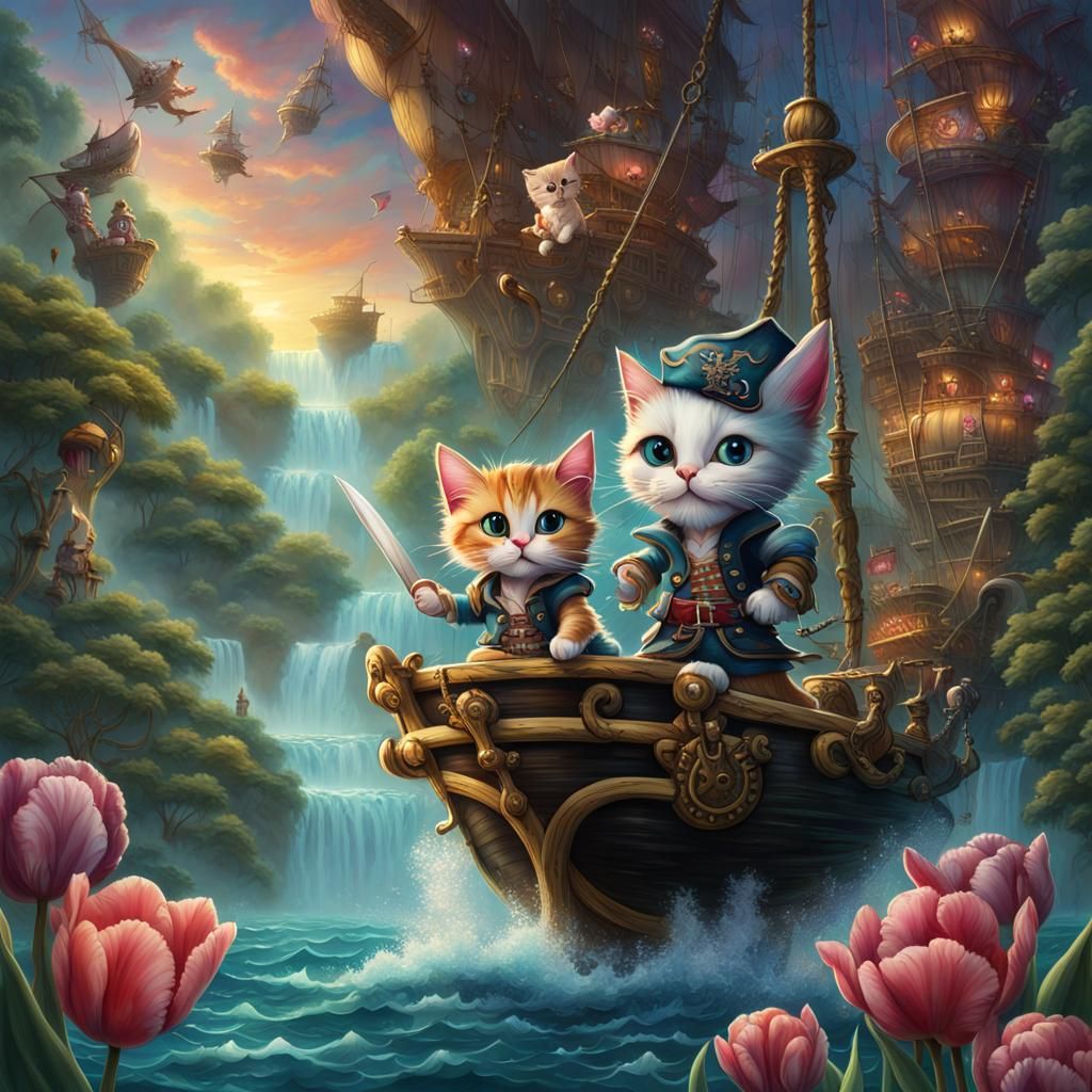 Iridescent Tulip and Pirate Kittens on Ship
