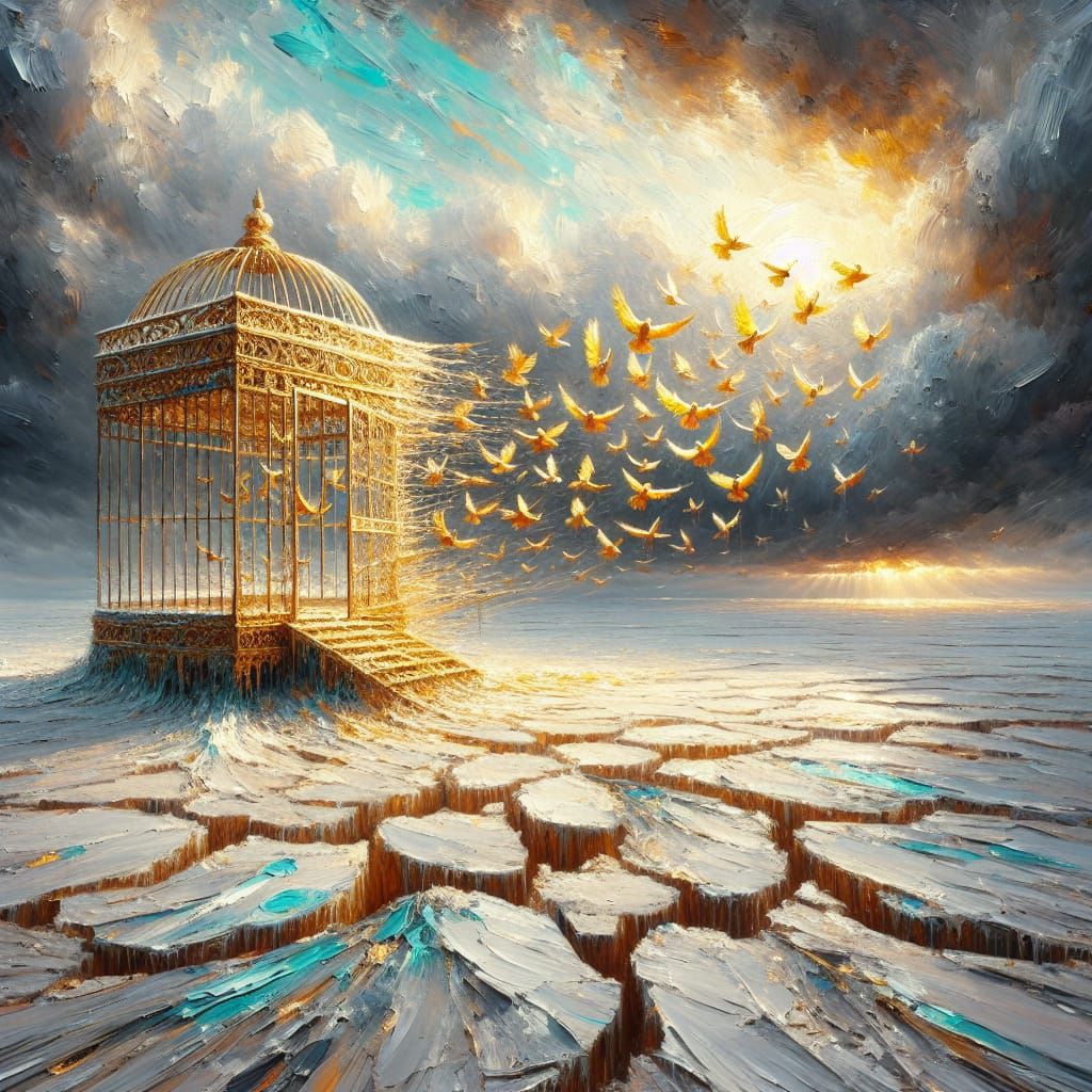 Gilded Birdcage Unleashes Golden Birds in Surreal Landscape