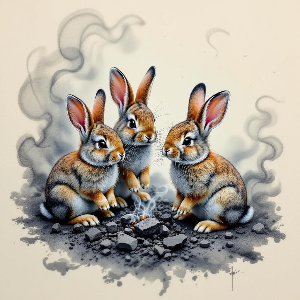 Tiny Rabbits Emerge From Charcoal Sketch in Ethereal Gouache...