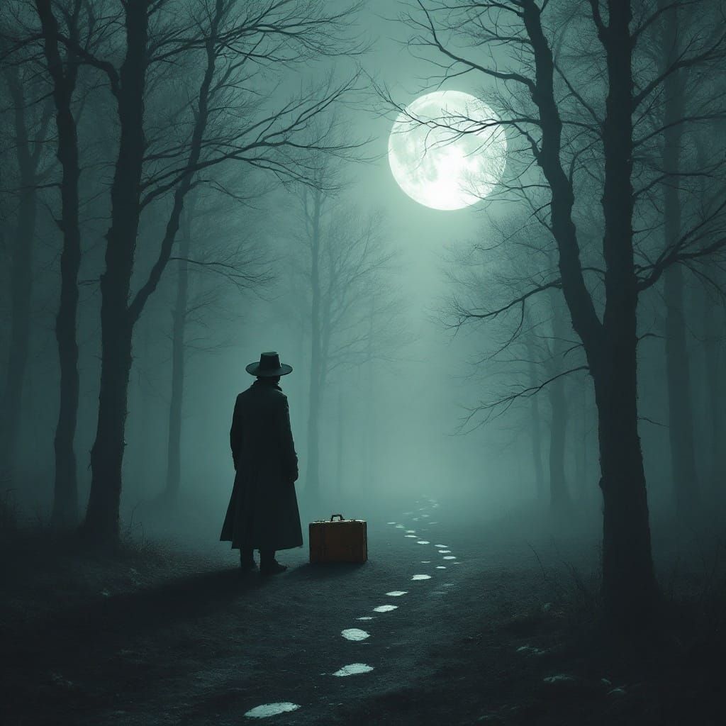 Mysterious Traveler in Moonlit Forest