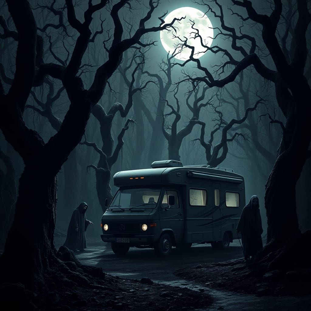 Ominous Motorhome in a Haunting Forest
