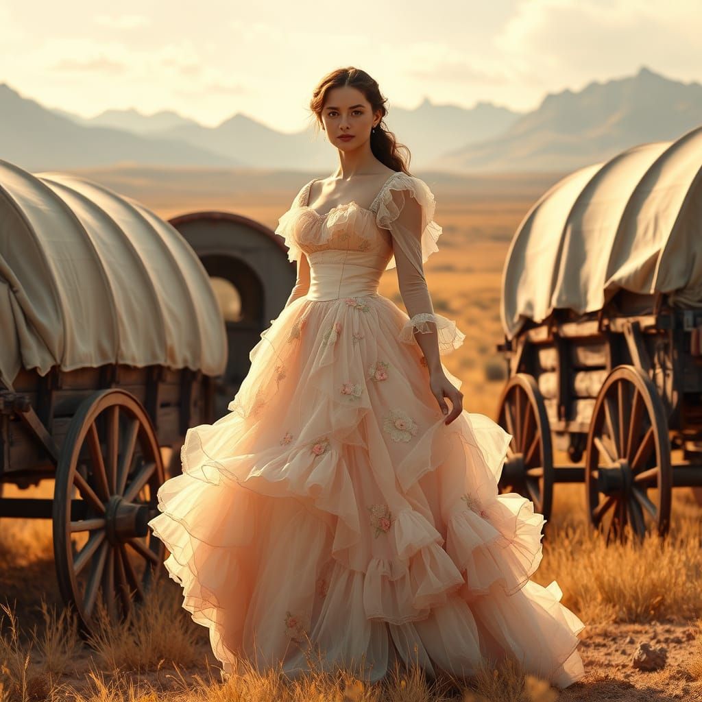 Young Woman in Victorian-Era Gown Stands Beside Covered Wago...
