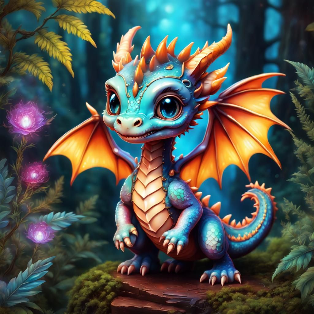 Steampunk Chibi Dragon Amidst Enchanted Forest