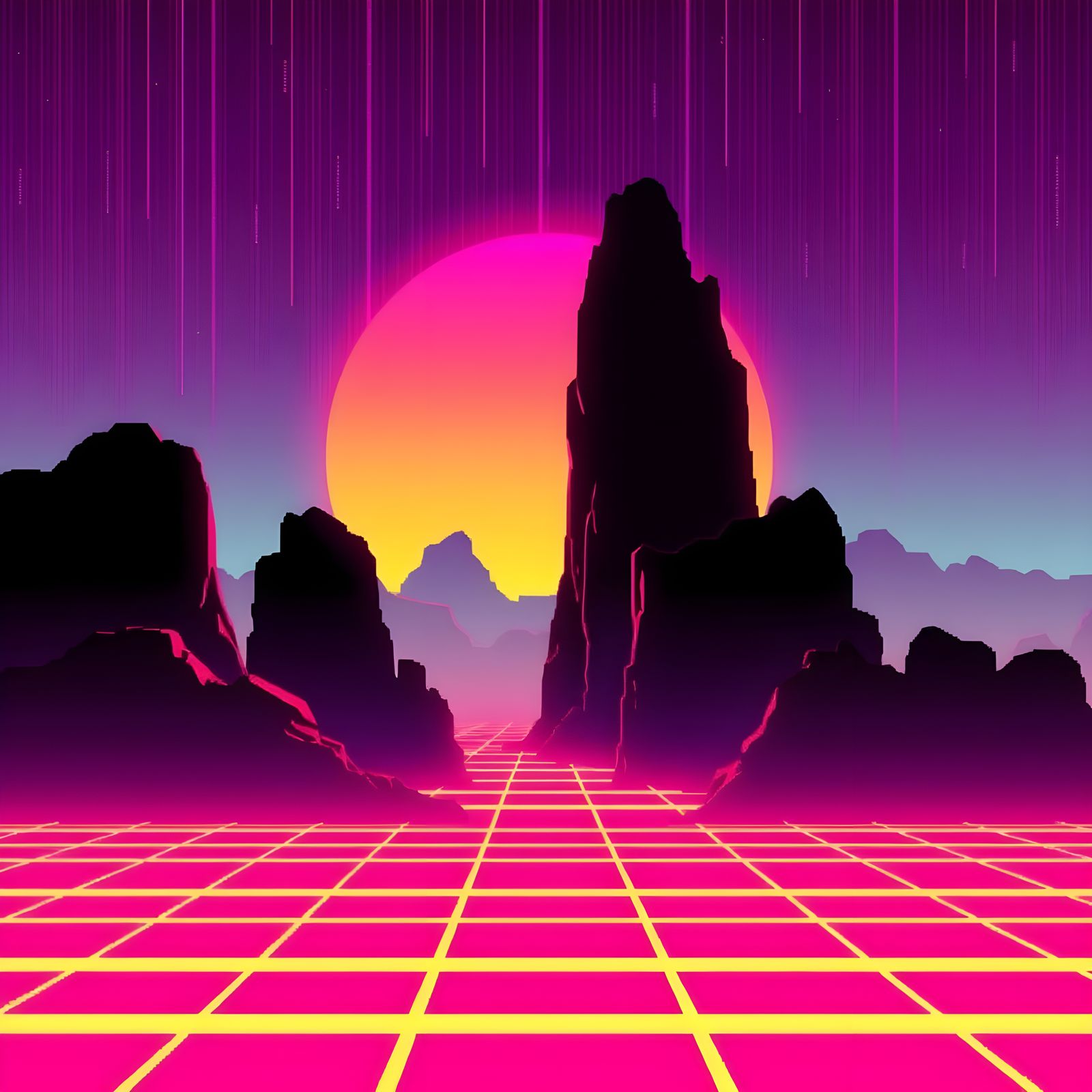 Retrofuturistic Sunrise in 16 Bit Aesthetic