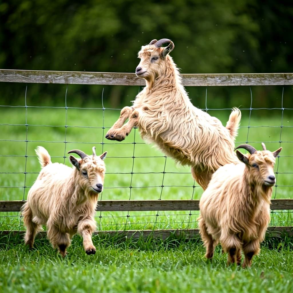 Goats in Morning Dew Jumping Fence