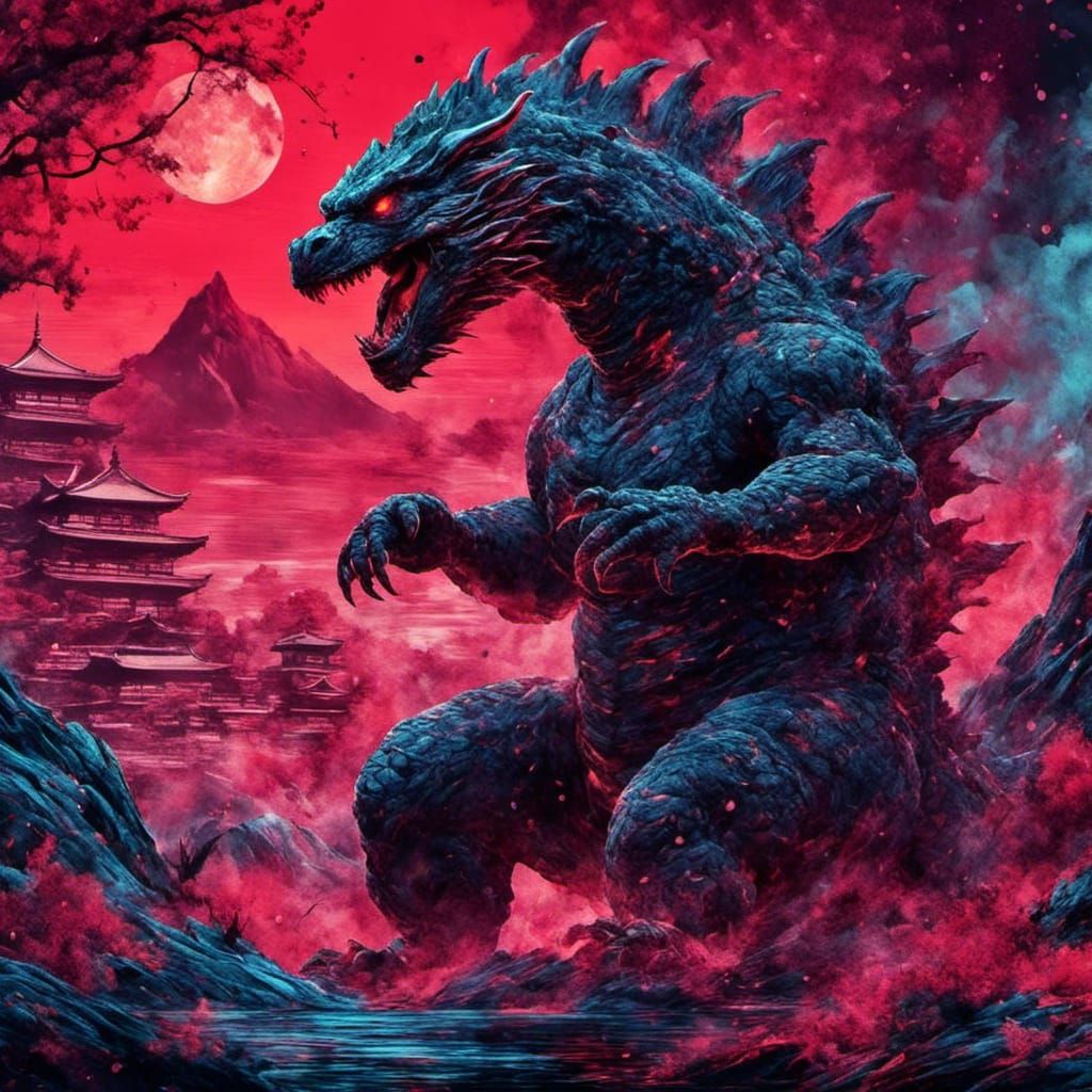 Godzilla with Bioluminescence in Ukiyo-e Style