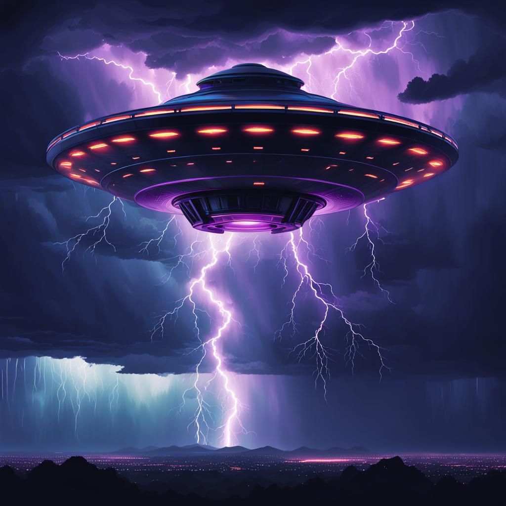UFO Struck by Lightning in Dark Synthwave Style