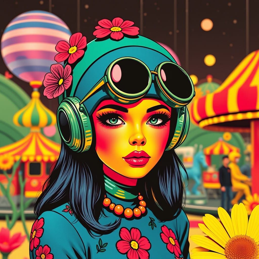 Retro Futuristic Pop Art Girl in a Martian Amusement Park