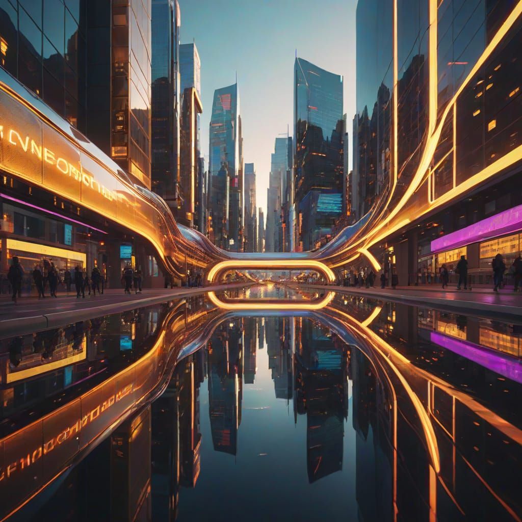Hyper-Realistic Cityscape Reflection in Neon Chrome
