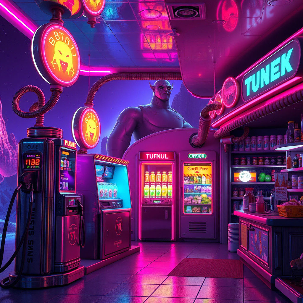 Hyperrealistic Intergalactic Fuel Stop in Pixar Style