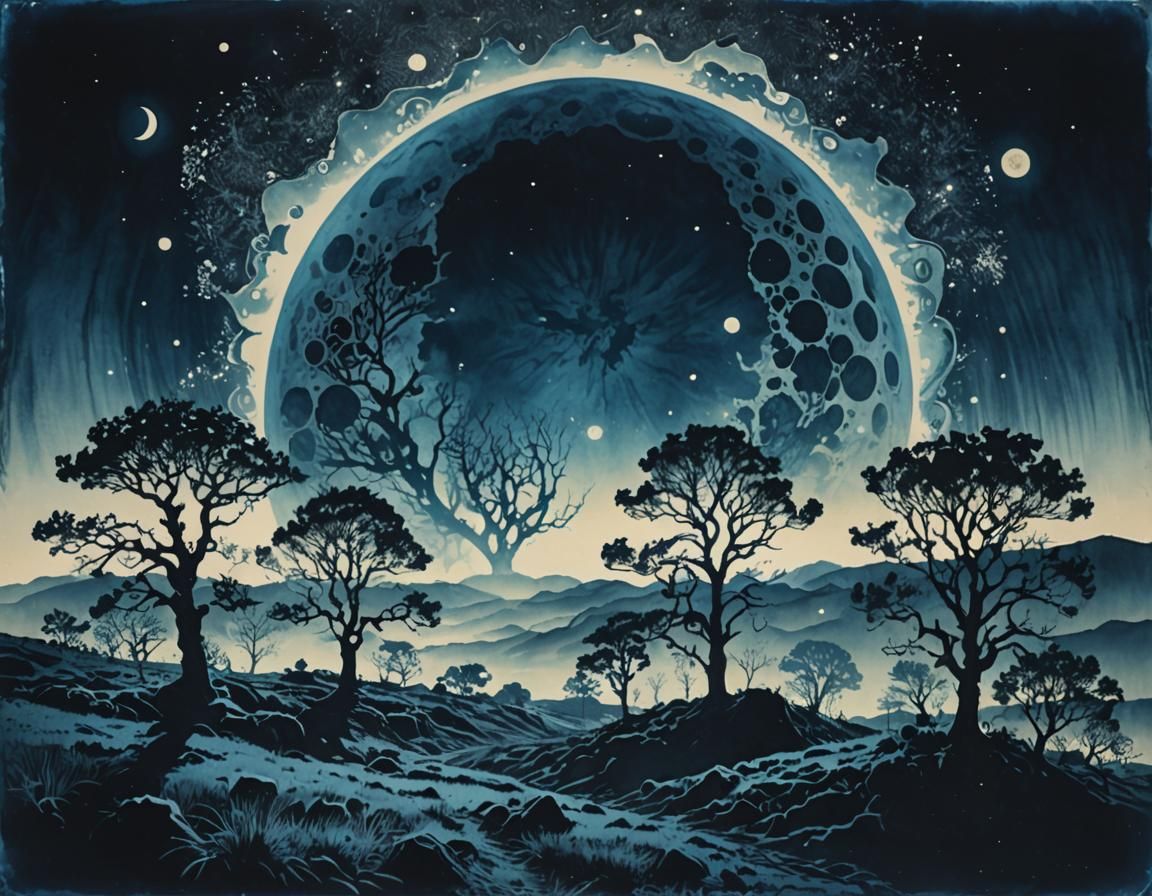 Ethereal Cyanotype Landscape with Solar Eclipse