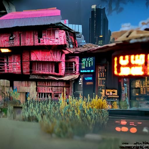 Rustic House in Cyberpunk Cityscape