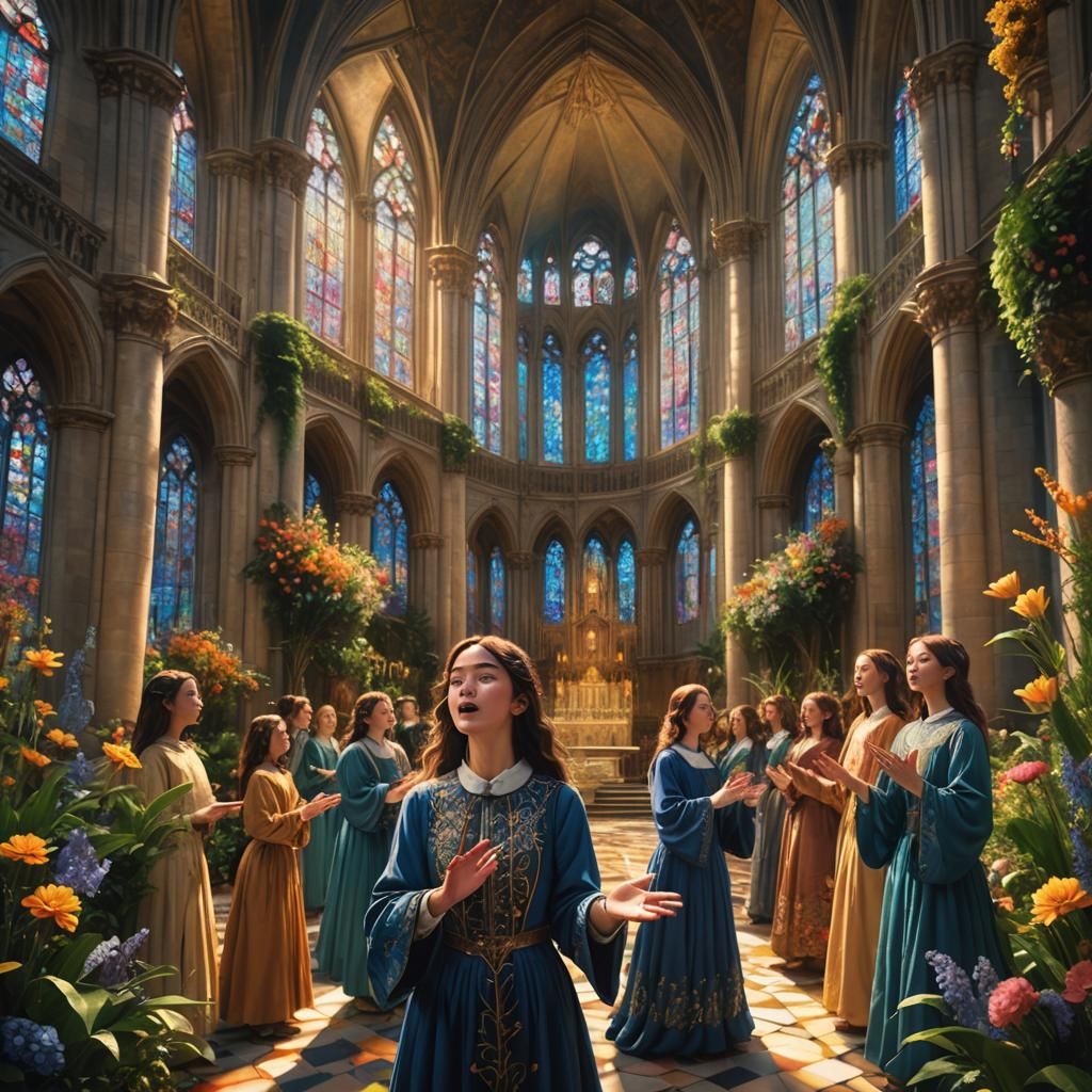 Girl Choir Singing in Ornate Cathedral: Fantasy Concept Art