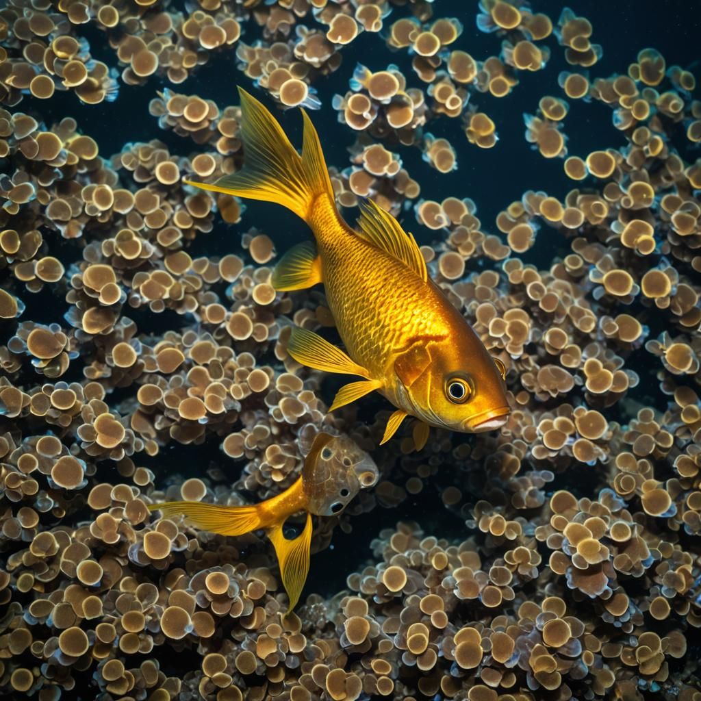 Golden Fish in Dark Ocean: Hyperrealistic Macro Shot