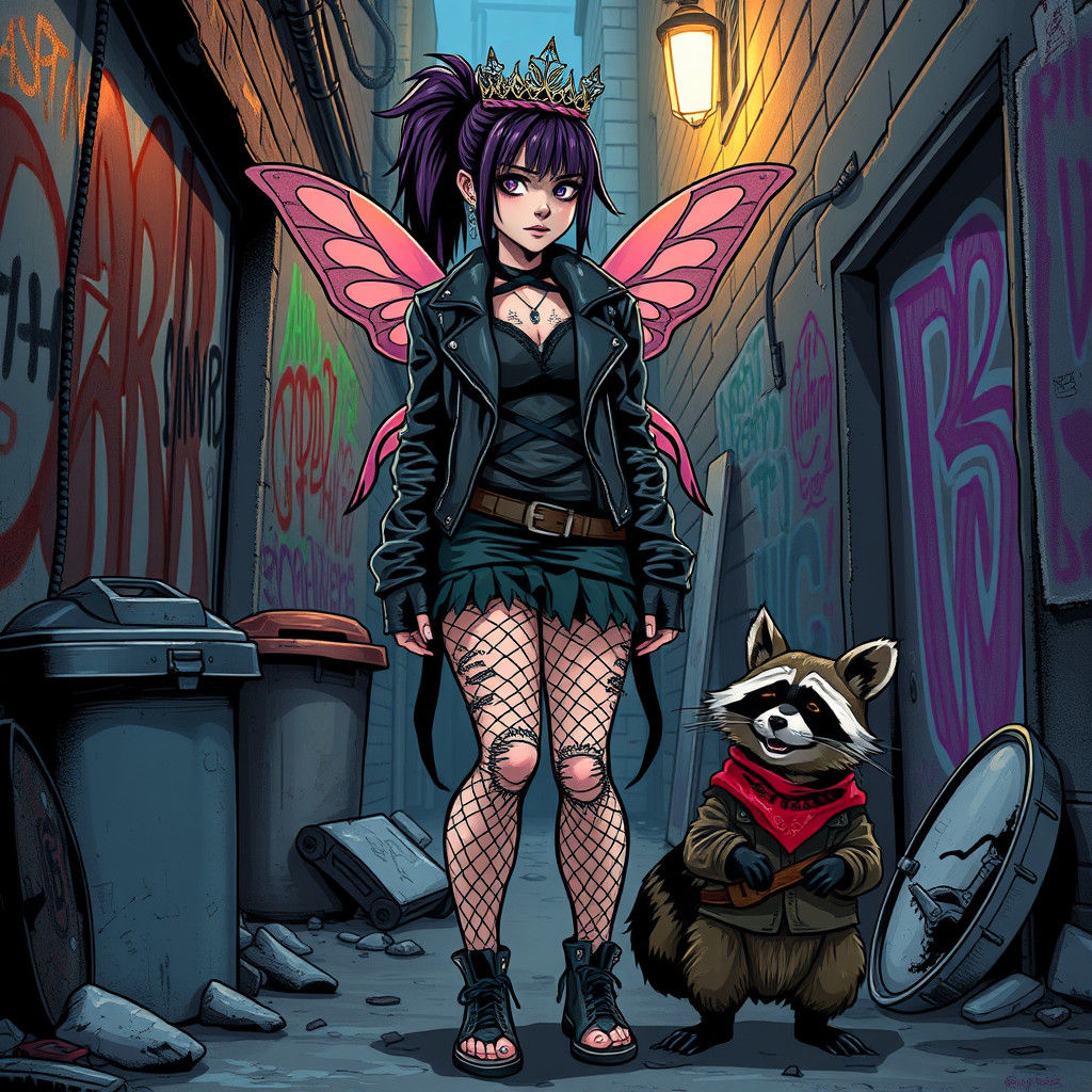 Punk Fairy Princess and Urban Raccoon in Street Art Style