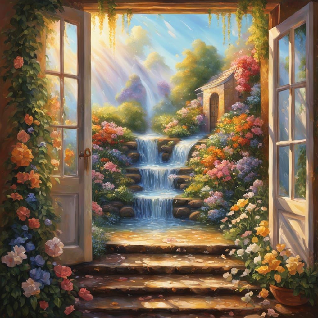 Surreal Waterfall Flowing Through House and Garden