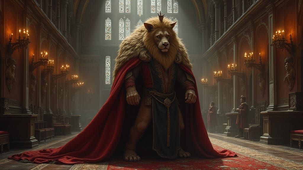 Majestic Lion-Human Hybrid in Dark Fantasy Setting