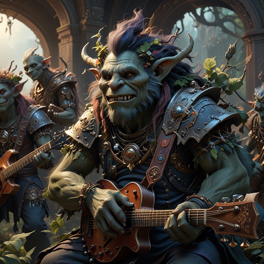 Troll Metalhead Musicians in Detailed Matte Painting Style