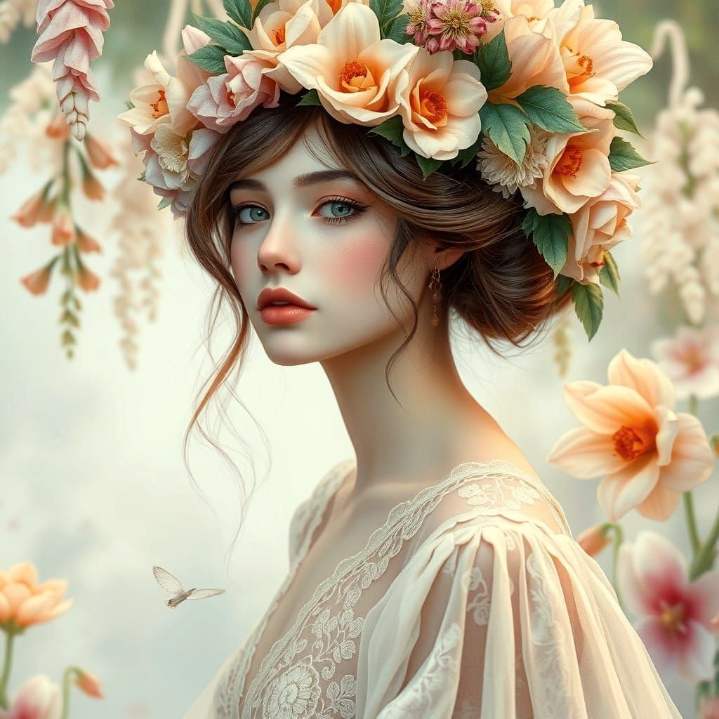 Enchanted Elegance: Whimsical Portrait in Soft Pastel Hues
