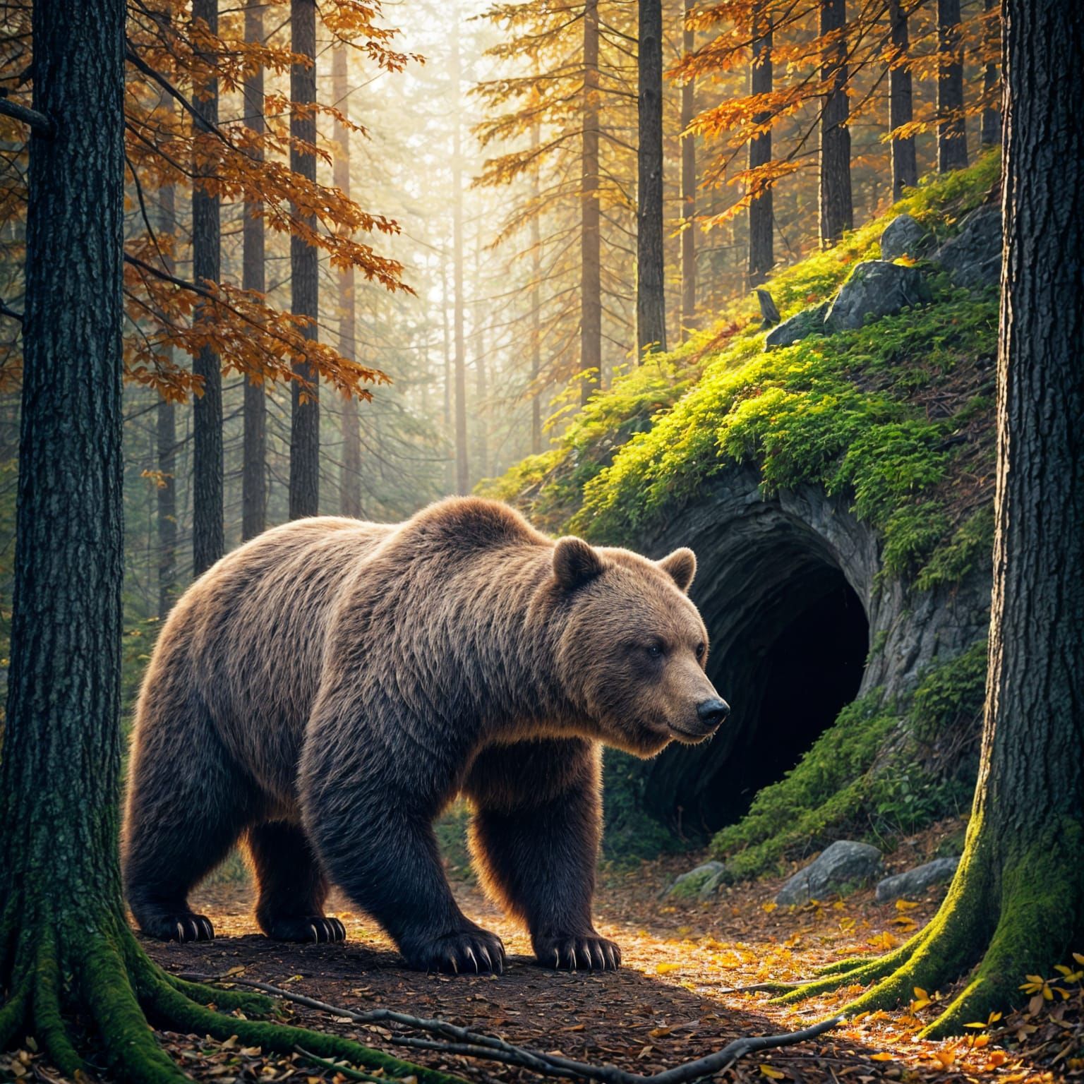 Bear Enters Autumn Forest Cave for Hibernation