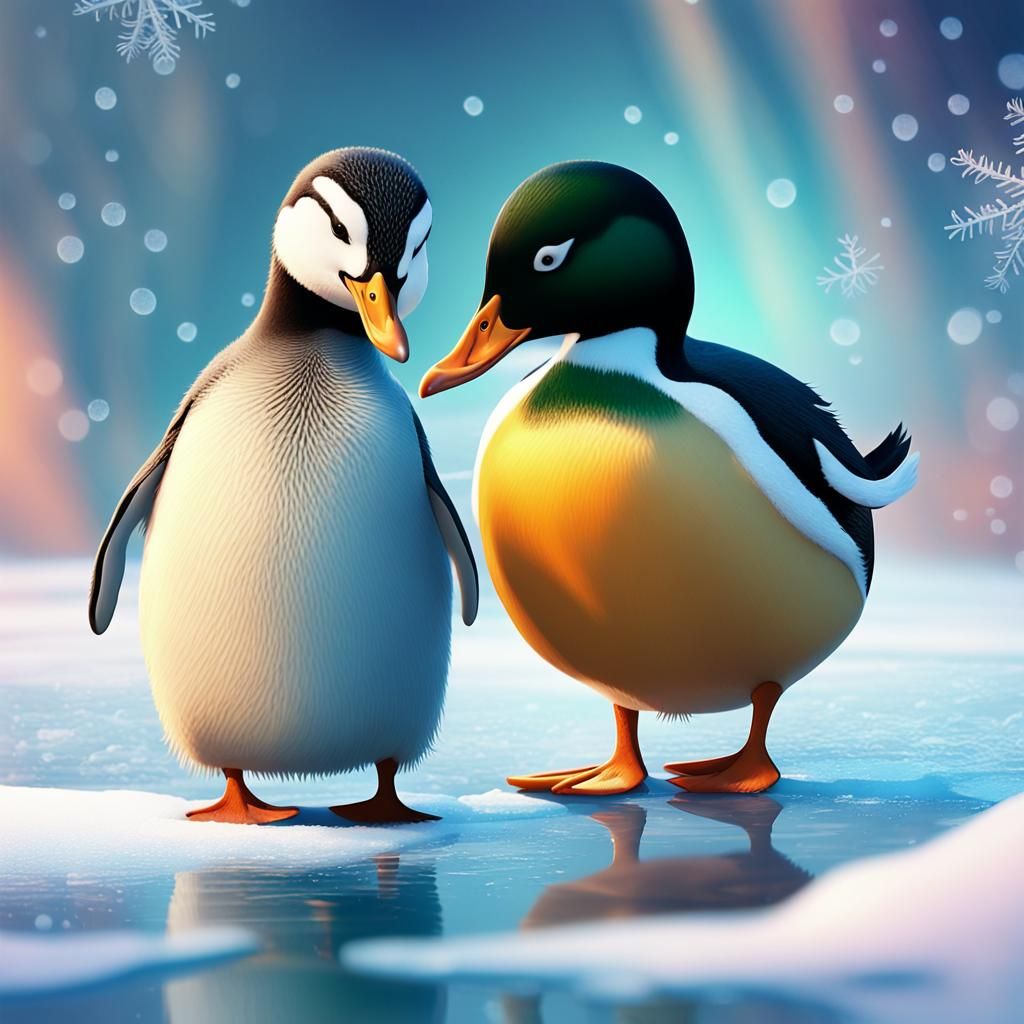 Duck and Penguin: Whimsical Digital Art Friendship