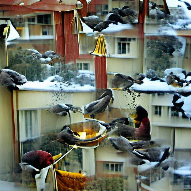 Birds Feeding in Winter Scene