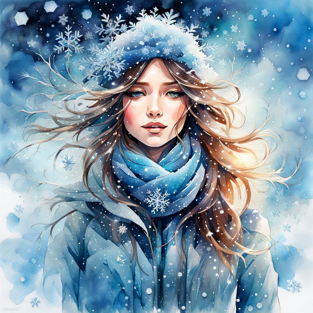 Winter Girl Disintegrating into Blue Blossoms: Watercolor