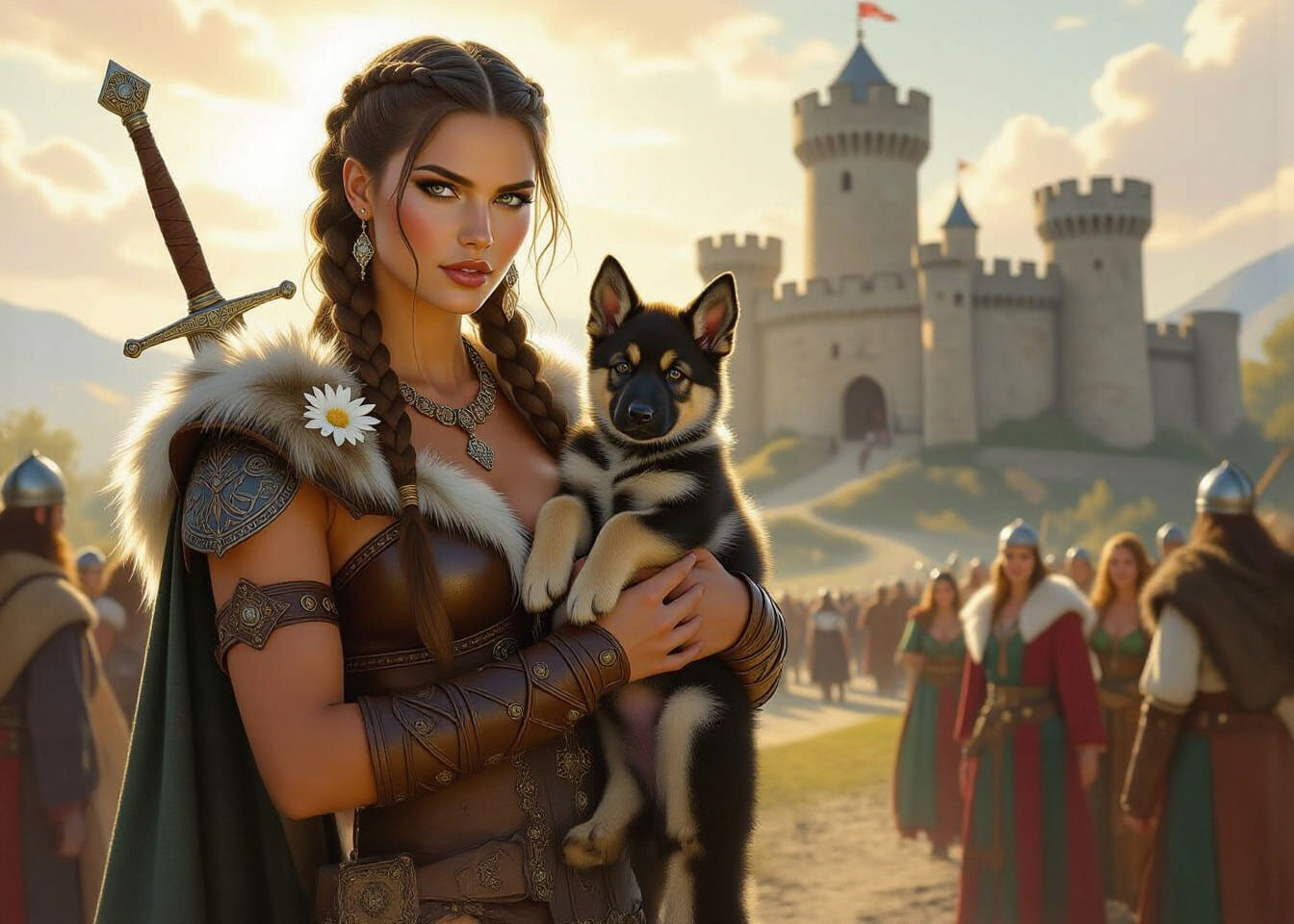 Viking Woman with Edelweiss and German Shepherd, Medieval Ca...