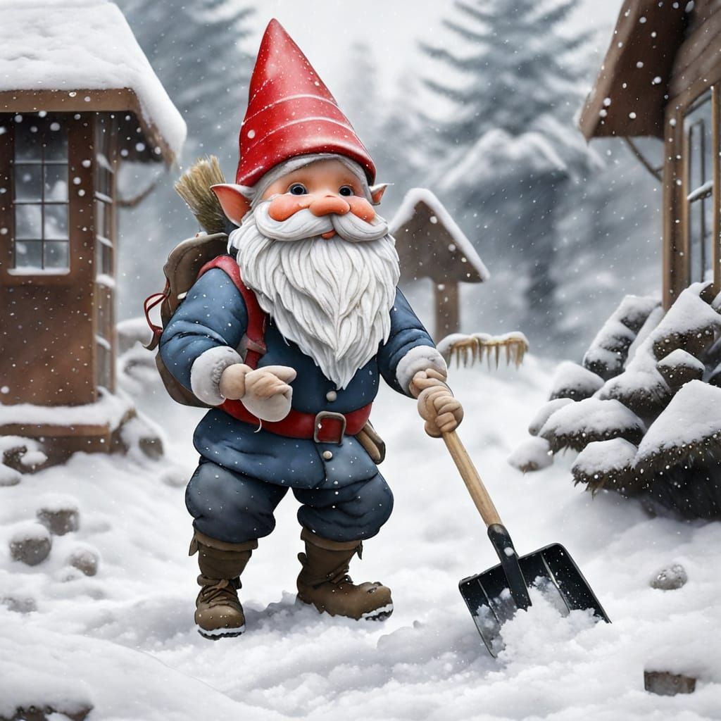 Gnome Enthusiastically Shoveling Snow in Winter