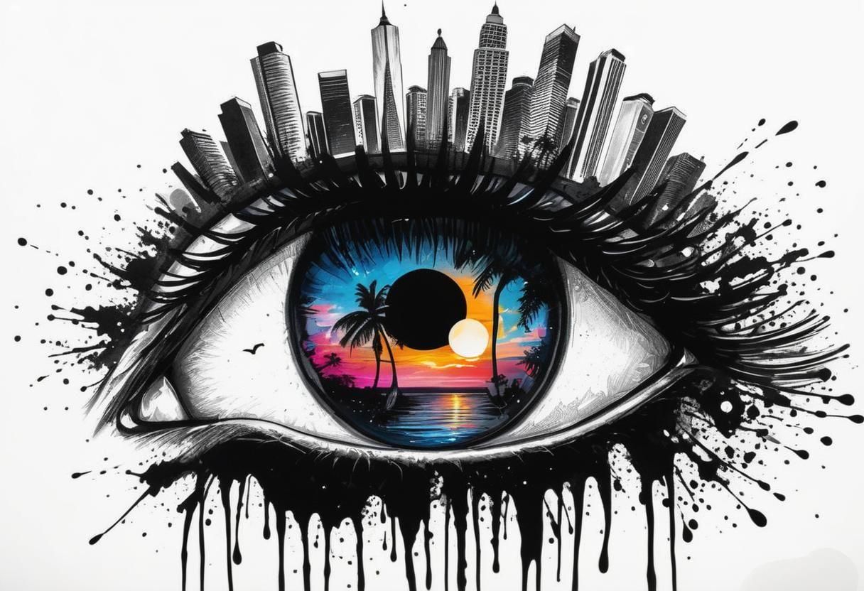 Surreal Eye Reflecting Tropical Sunset in Ink Art