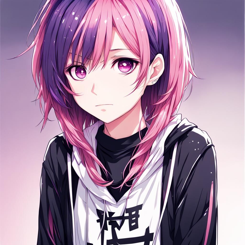 Emo Girl with Pink and Purple Hair in Anime Style