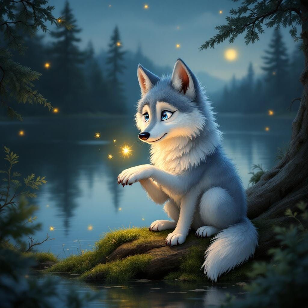 Disney-Style Blue-Eyed Wolf in Mystical Forest