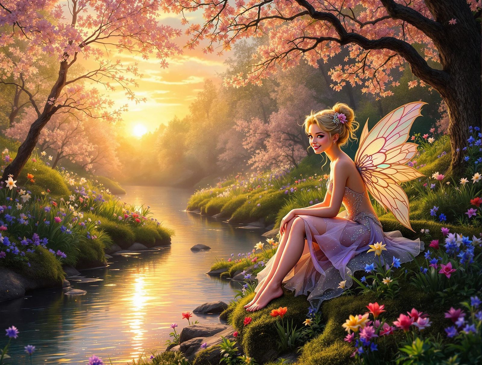 Whimsical Fairy Amidst Vibrant Spring Landscape