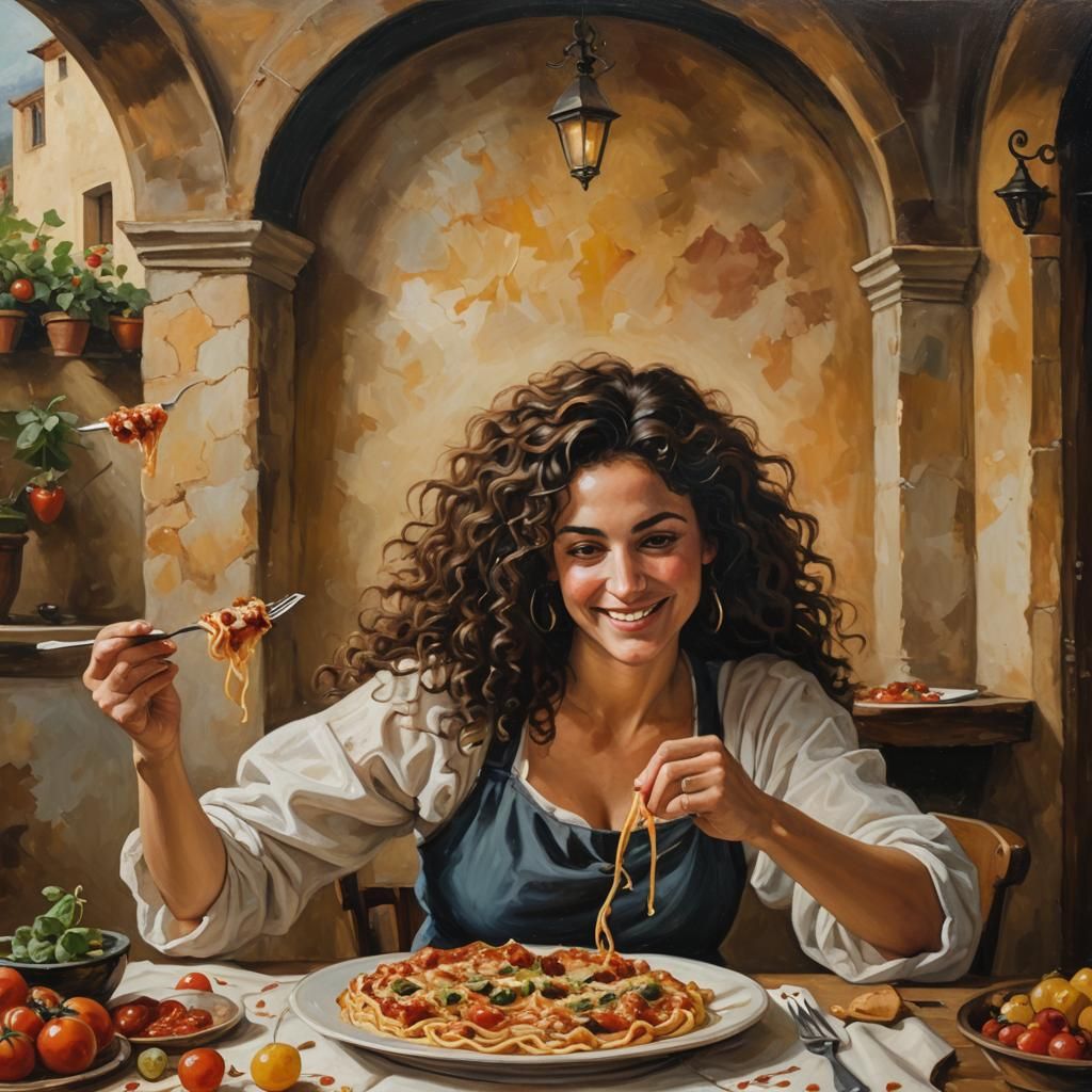 Italian Woman Savoring Pizza in Old Master Style