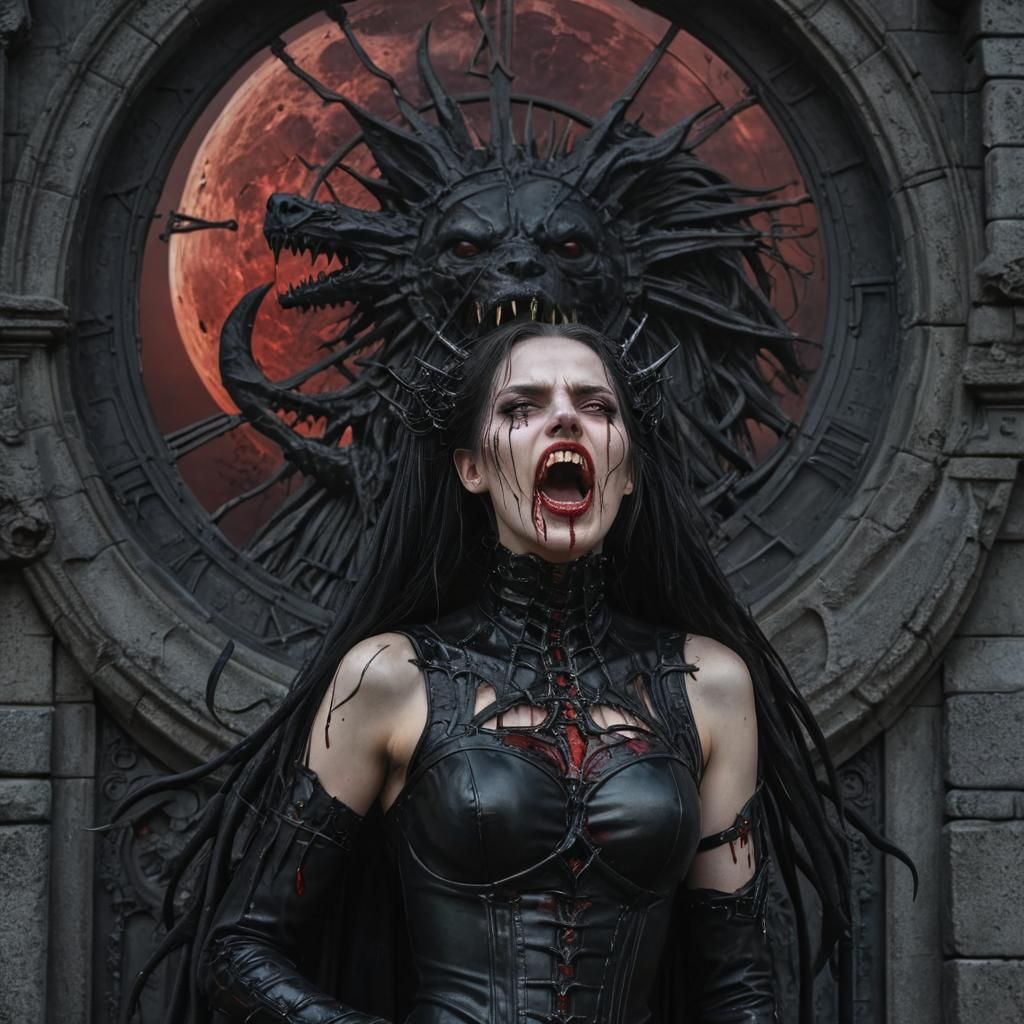 Gothic Vampire with Biomechanical Clocktower, Hyperrealistic
