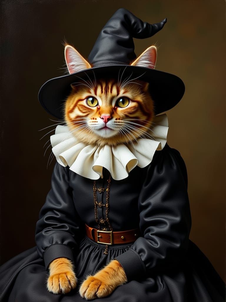 Calico Cat Witch in Baroque Costume with Chiaroscuro Lightin...