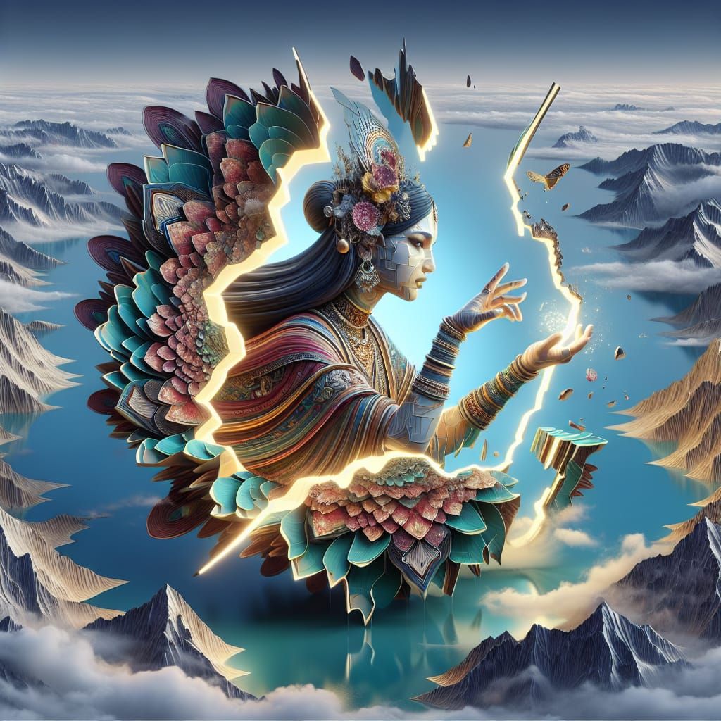 Woman Mends Fragmented Landscape with Glowing Kintsugi