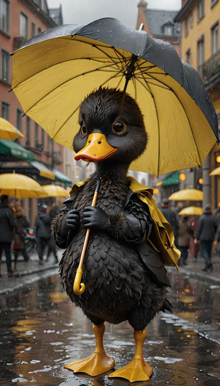 Fluffy Black Duck 3D Character with Yellow Umbrella