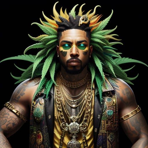 Rapper with Gold Chains, Skulls, and Fire/Ice Background