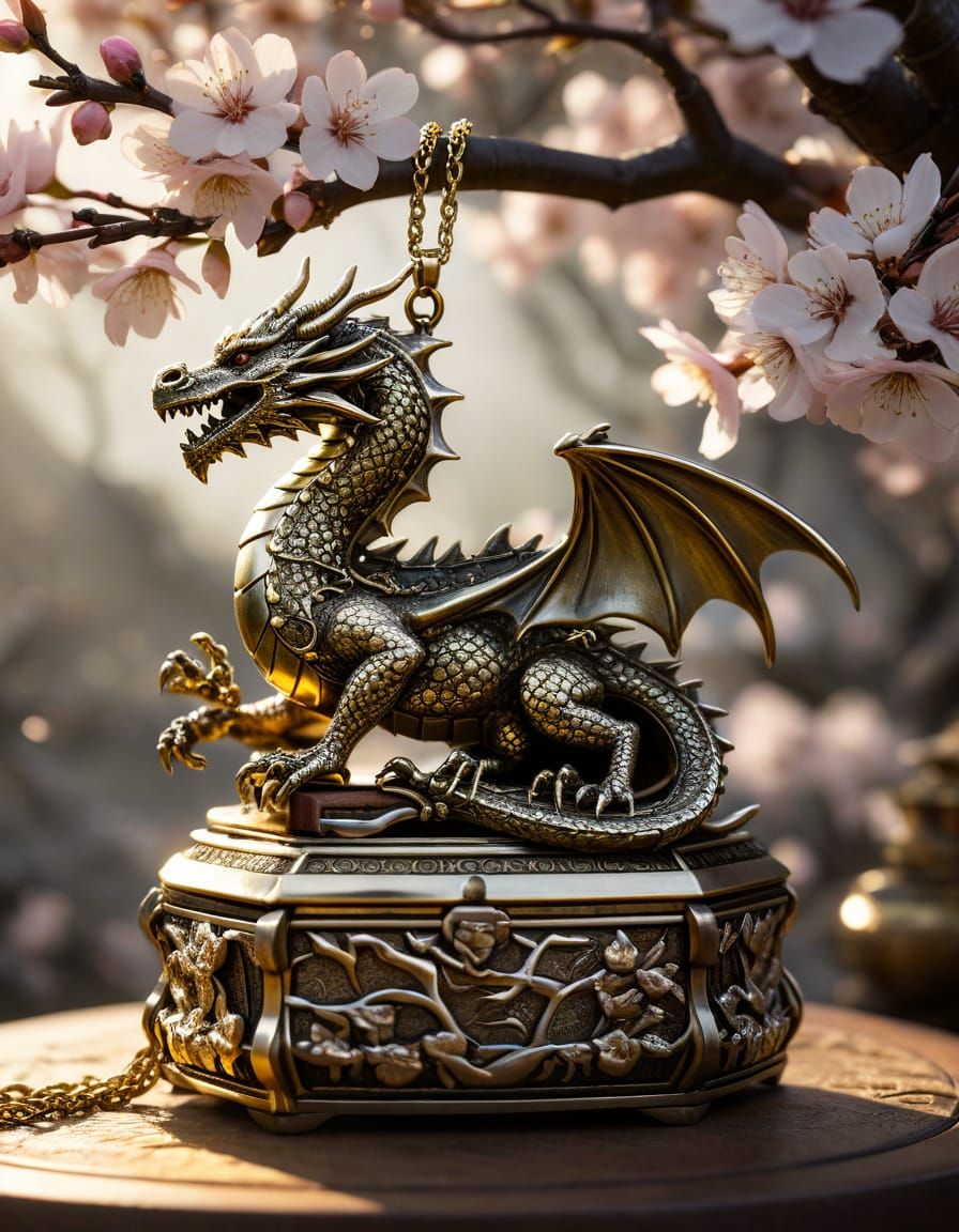 Fantasy Dragon Treasure Pendant in Golden Jewelry Box