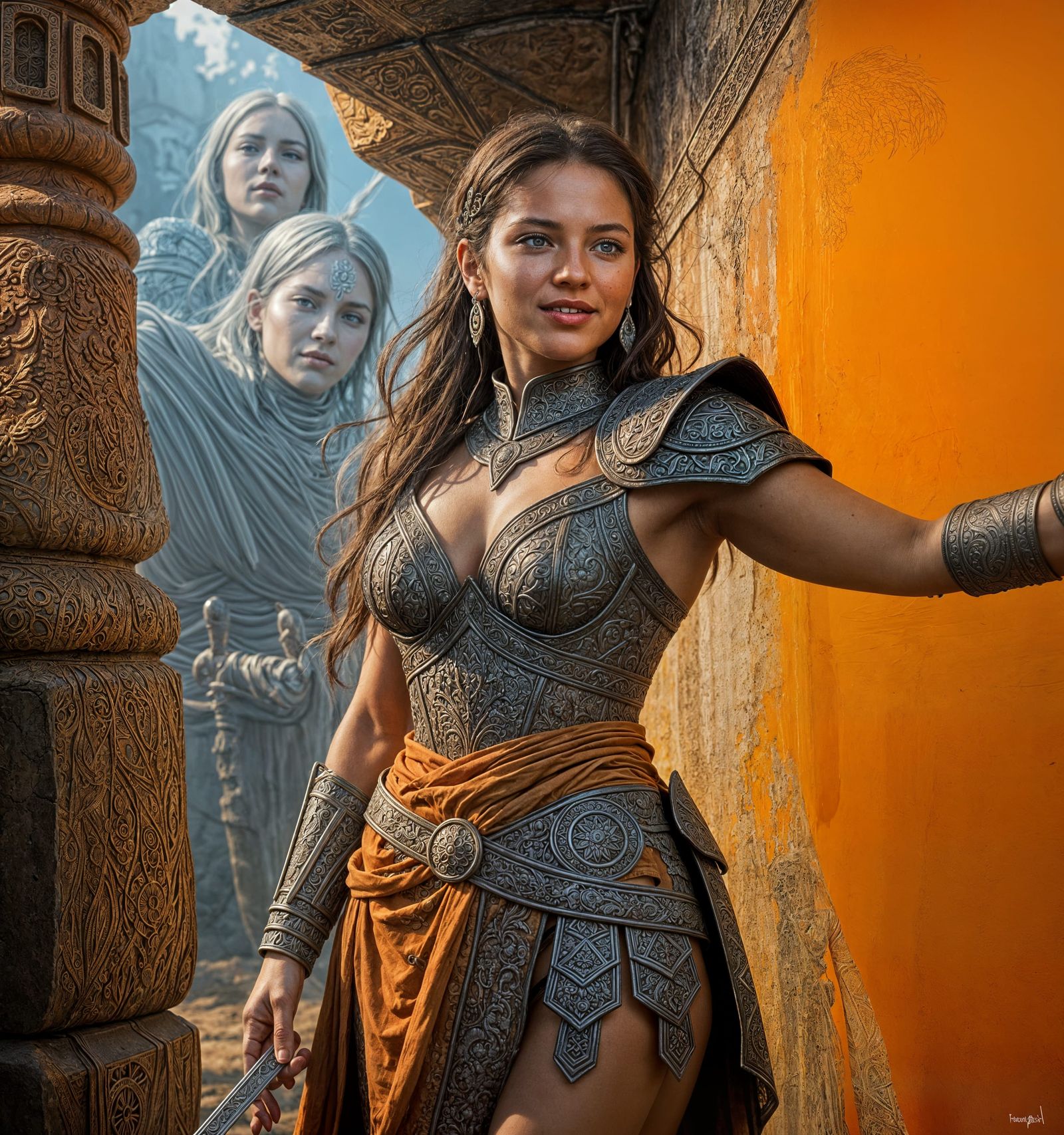 Warrior Woman Painting Wall Orange in Detailed Setting