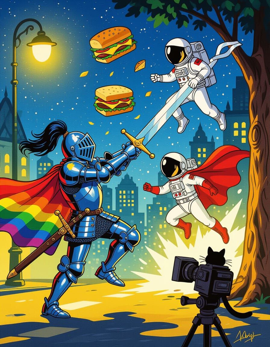 Steampunk Xenomorph in Rainbow Dress Amidst City Night