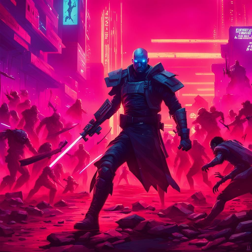 Cyberpunk Knight vs Zombie Horde on Data Platform