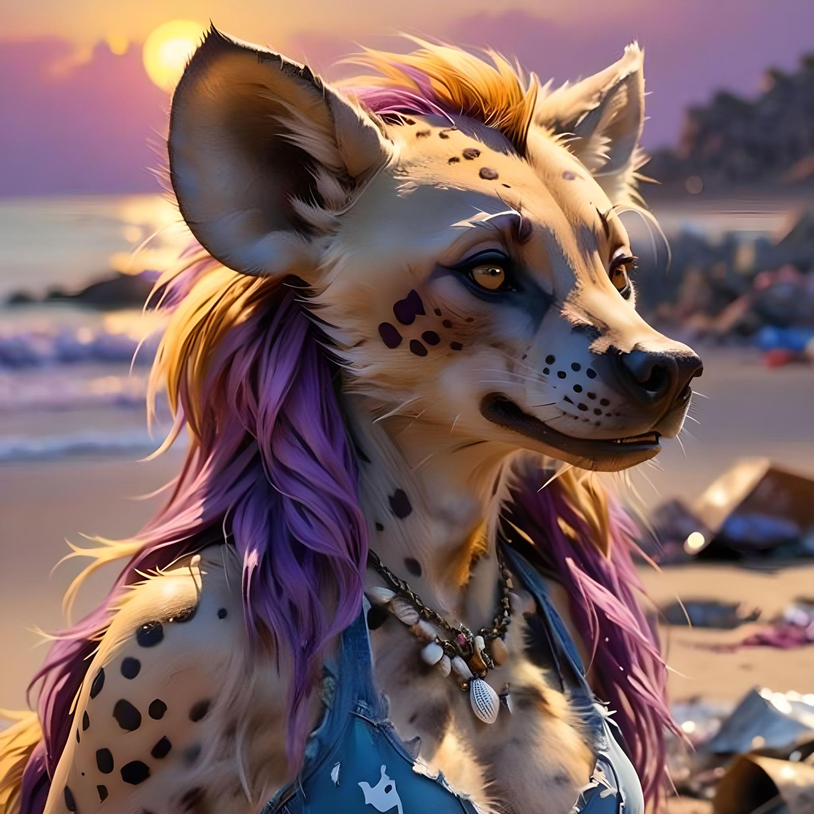 Photorealistic Furry Hyena on Beach at Sunset