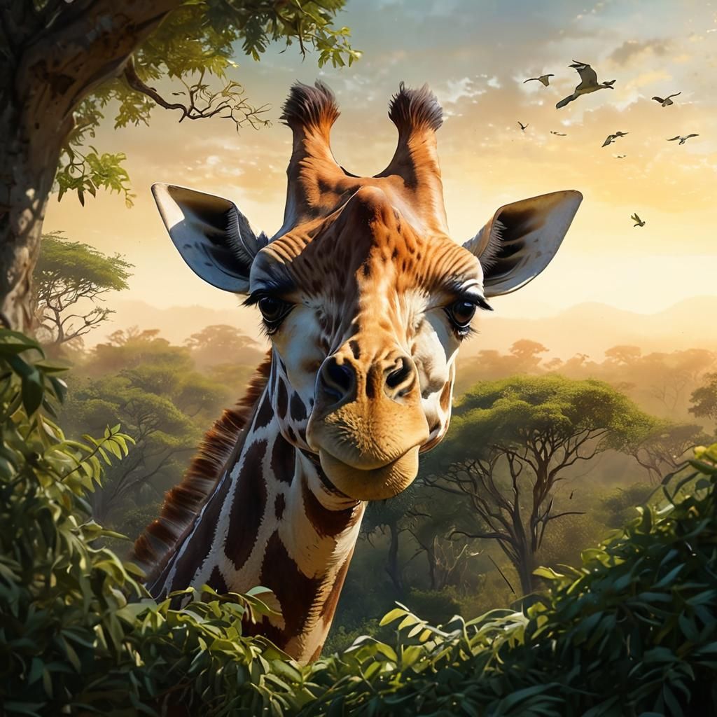 Dreamlike Giraffe Emerges from Vibrant African Safari Scene
