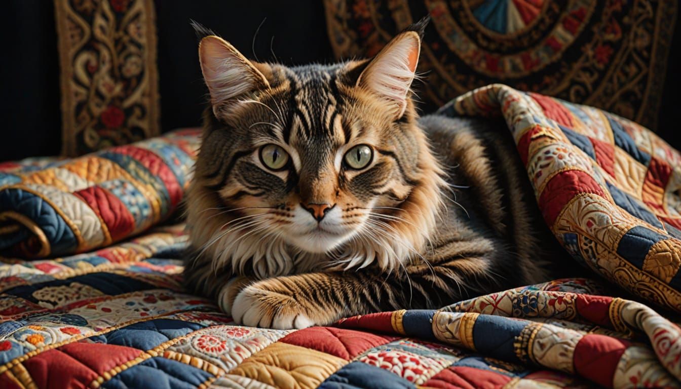 Hyperrealistic Cat Portrait on a Quilt