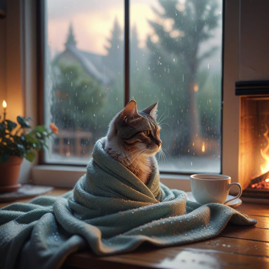 Cozy Cat by Fireplace with Tea in Pastel Colors