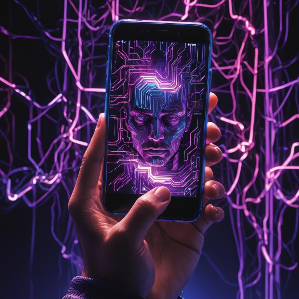 Smartphone Glitch Art in Neon Noir Style